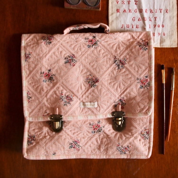 BONJOUR DIARY 菱格紋復古後背包(粉紅花園) QUILTED SCHOOL BAG - PINK Garden flowers print - Denim