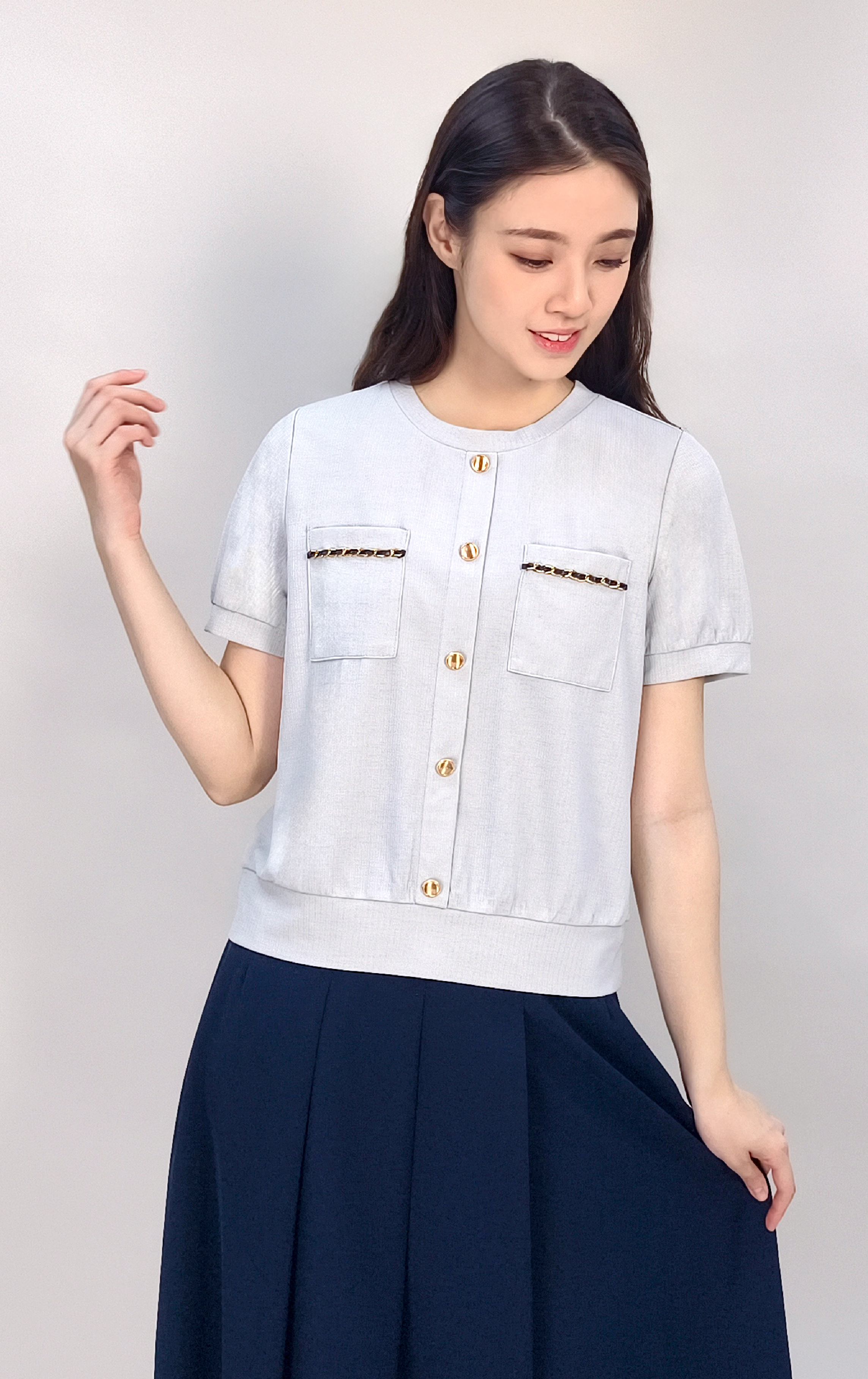 Metallic Weave Button-Down Shirt with Pockets ST0896