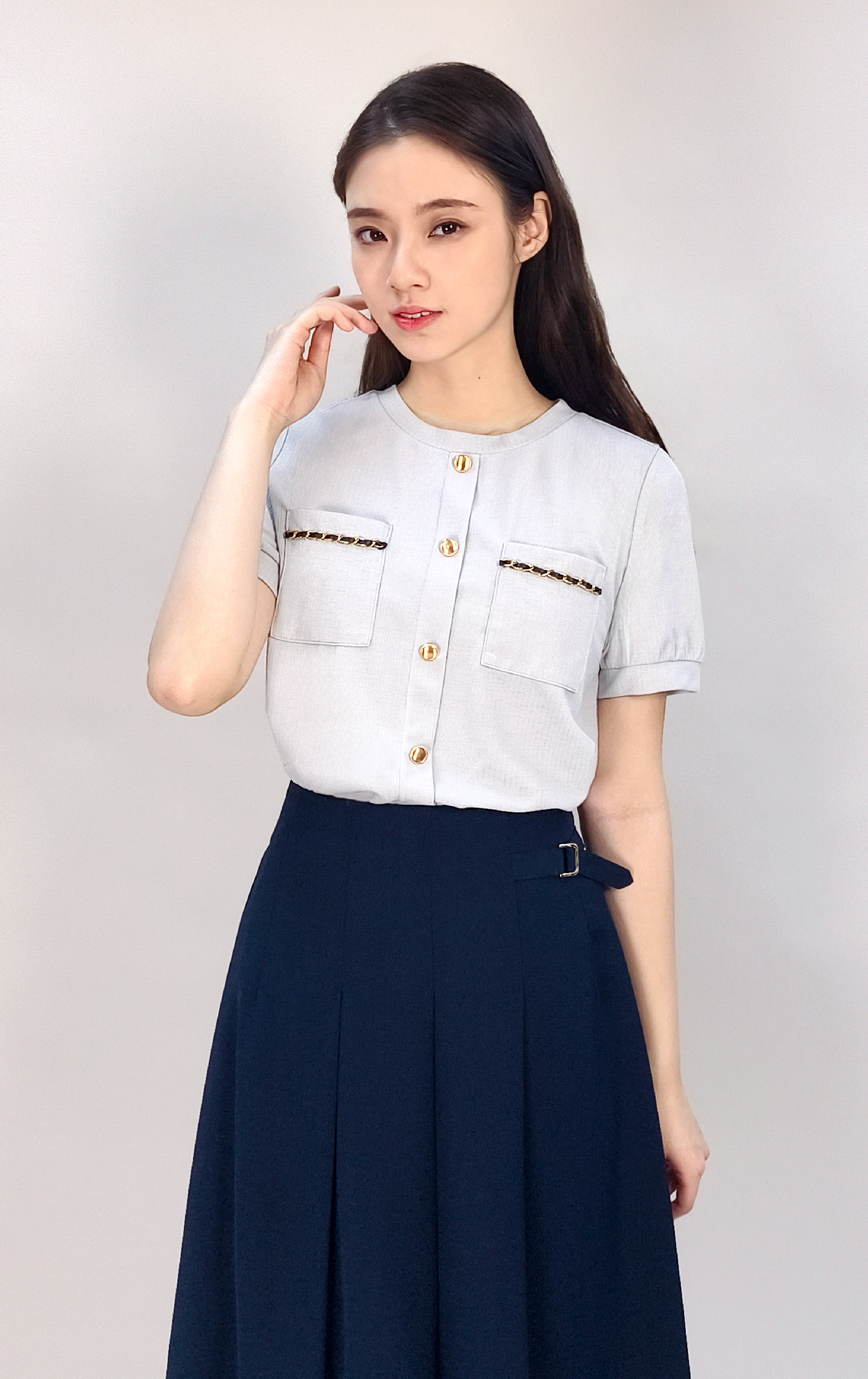 Metallic Weave Button-Down Shirt with Pockets ST0896