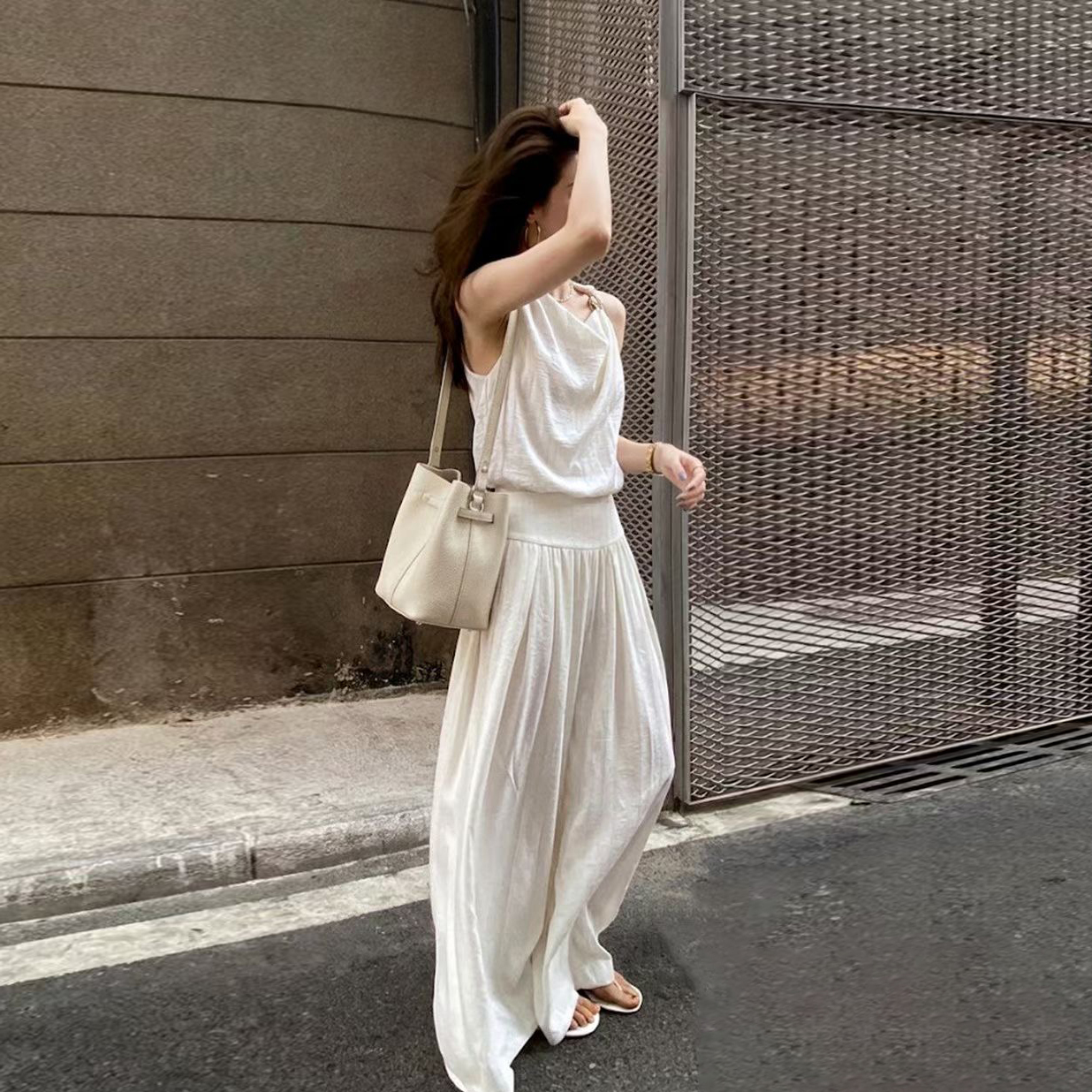 配色直條紋金屬釦環削肩背心+長褲SET-S-L (Elegant & Love)