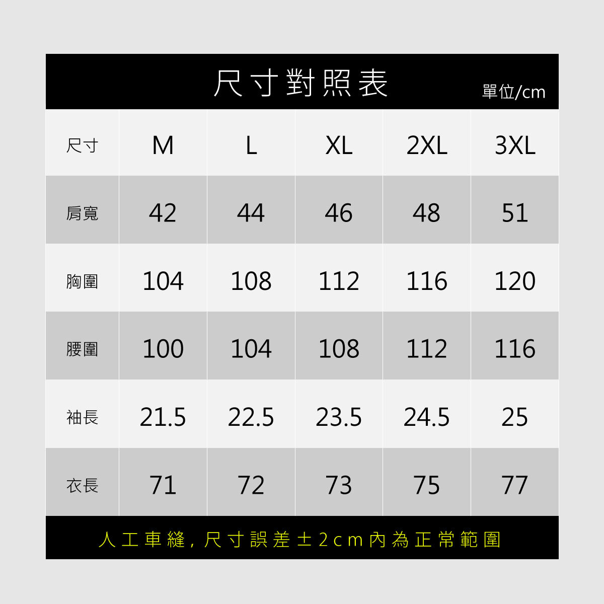 日常輕構短袖POLO衫尺寸表