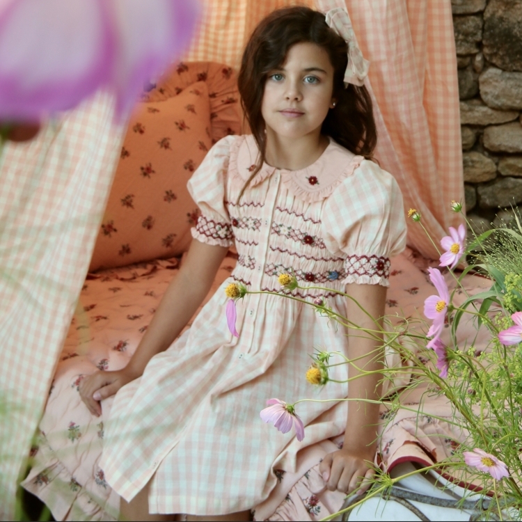 BONJOUR DIARY 小花袖排釦洋裝(粉格紋) ROMANTIQUE TUNIQUE - Pink vichy