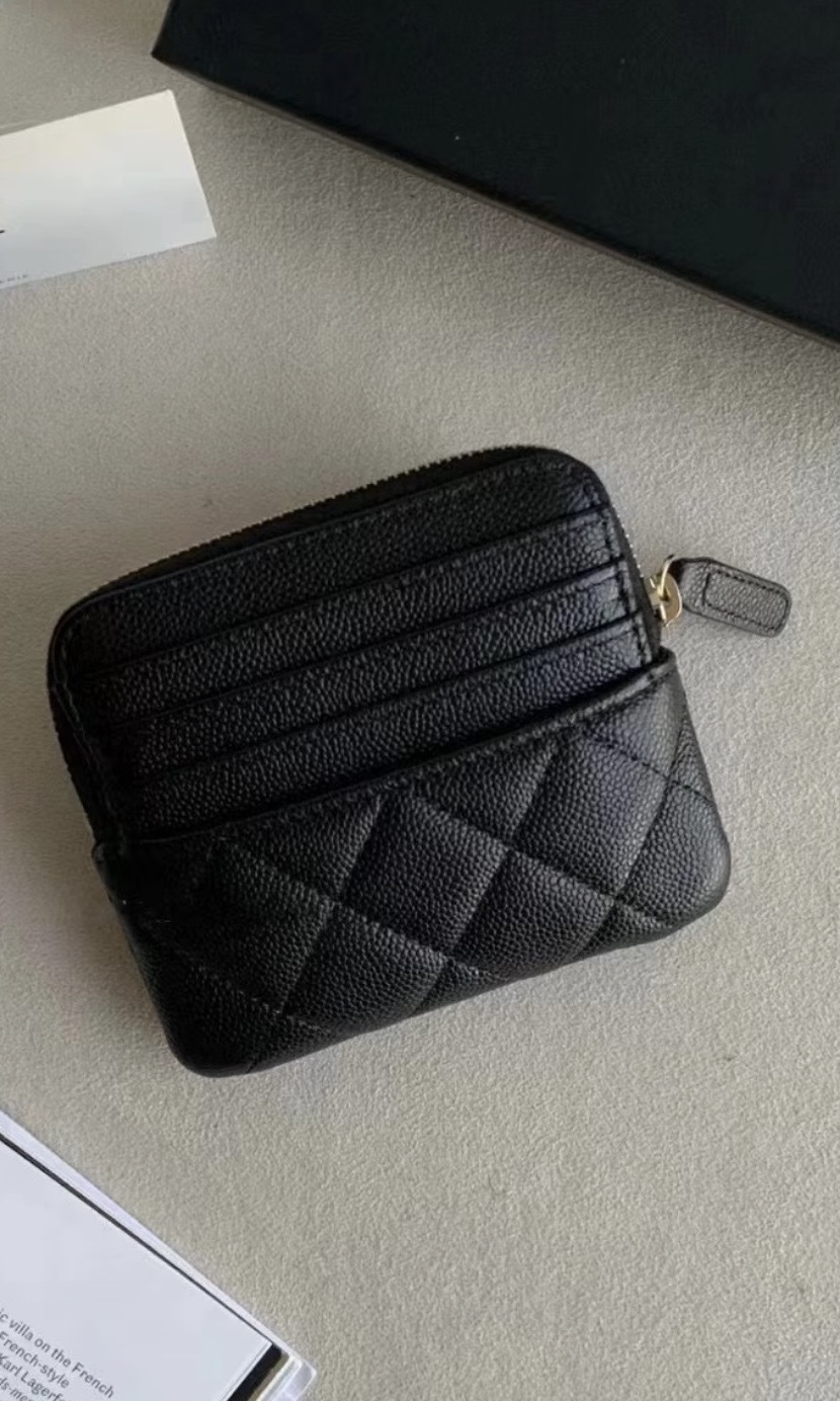 Chanel 雙C Logo菱格紋 荔枝紋粒面牛皮銀包 黑色