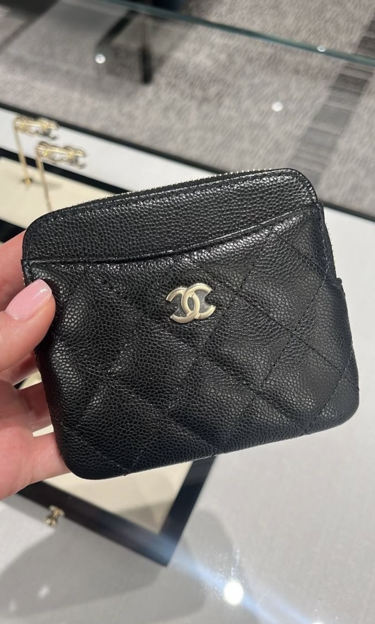 Chanel 雙C Logo菱格紋 荔枝紋粒面牛皮銀包 黑色