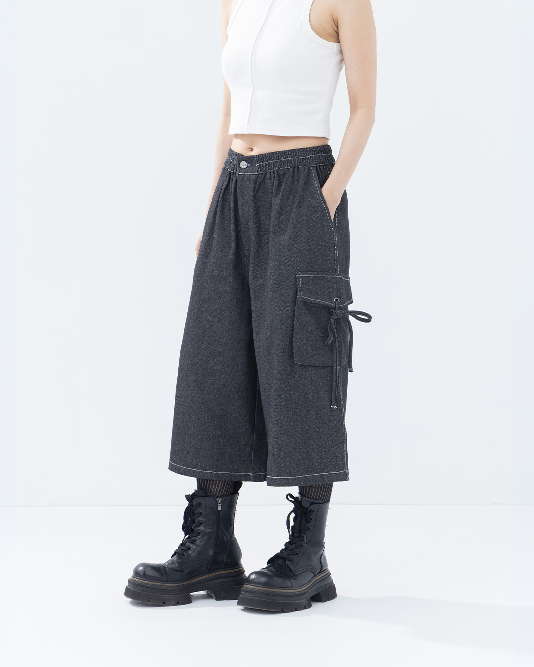 Side pocket tie-up cargo denim cropped wide-leg pants, S/M【04120116】in stock+pre-order