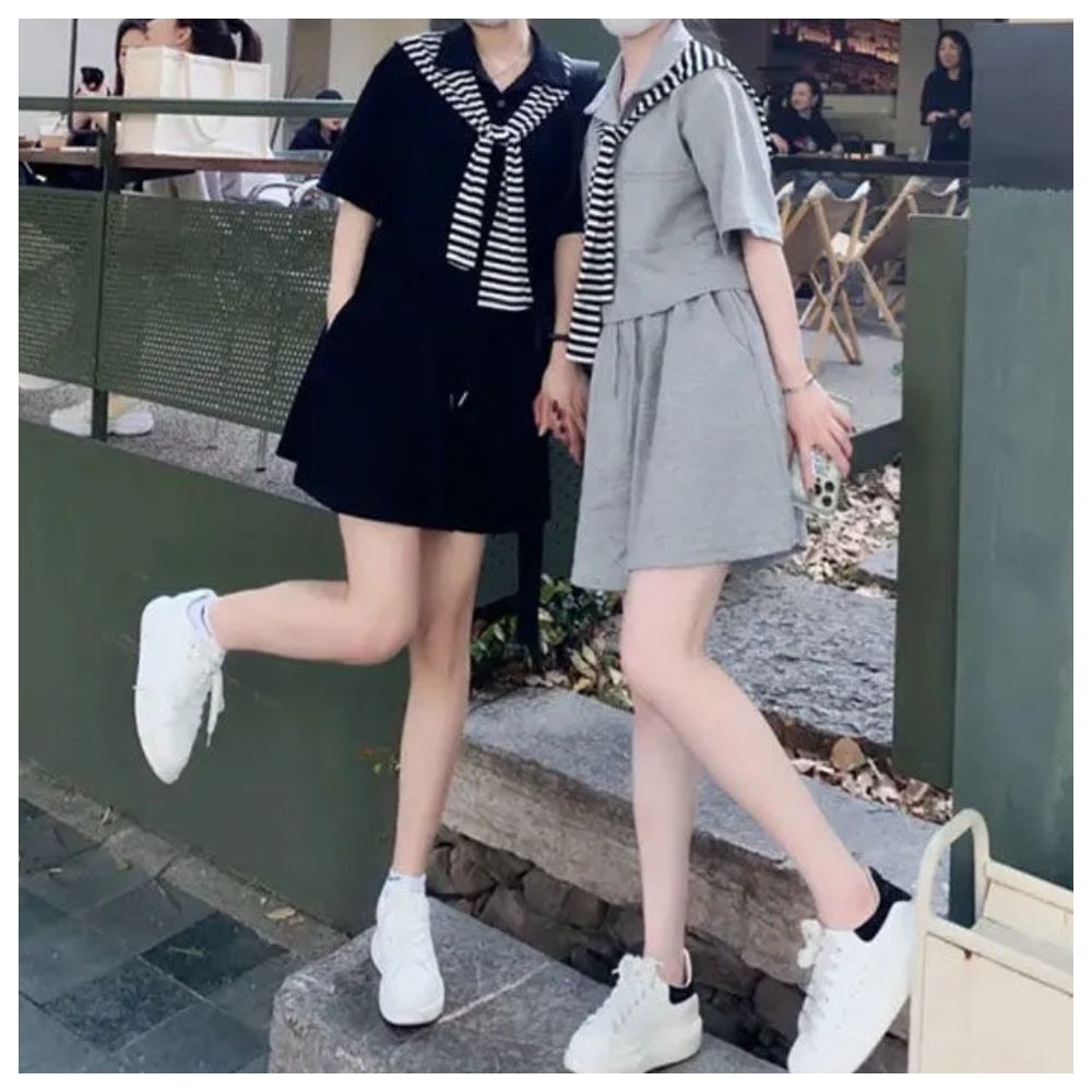 【ASister 小姊姊】AS1485#中大尺碼套裝☆棉質*純色*POLO領上衣+抽繩短褲2件套(2色 S-2XL)