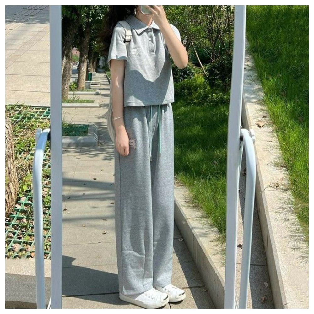 【ASister 小姊姊】AS1486#中大尺碼套裝☆棉質*F繡花*POLO領上衣+抽繩長褲休閒褲裝(淺灰色 S-XL)