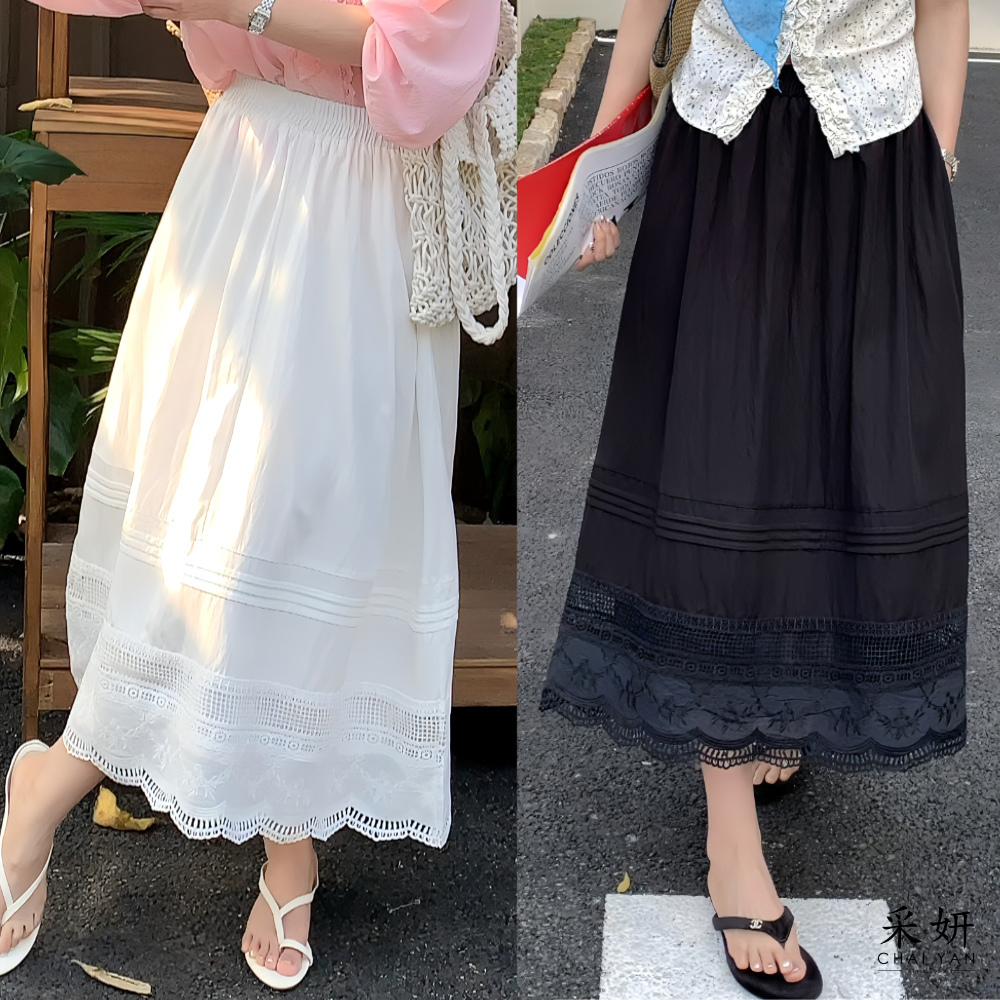 蕾絲拼接中長裙