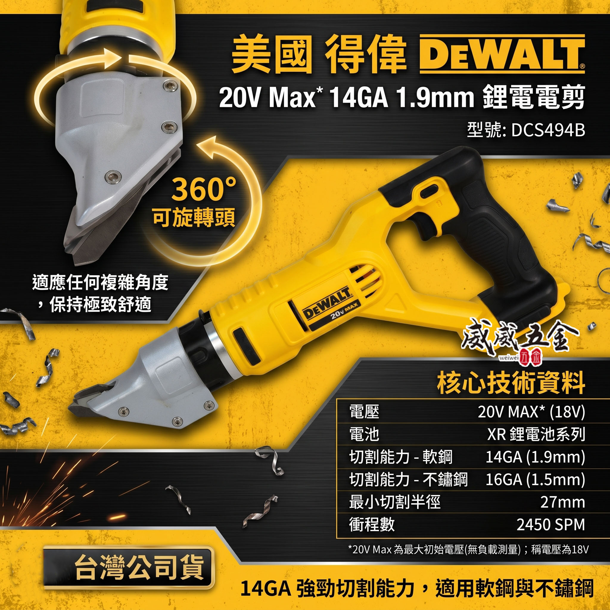 DEWALT 美國 得偉｜20V 充電式鐵皮剪刀 14GA 1.9mm 鋰電電剪｜DCS494B｜公司貨 空機 DCS494N DCS494