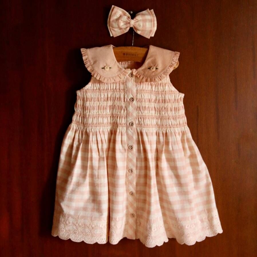 BONJOUR DIARY 蕾絲雕花裙襬無袖洋裝附髮夾(花園) EMBROIDERED TUNIC + HAIR CLIP - Pink Vichy