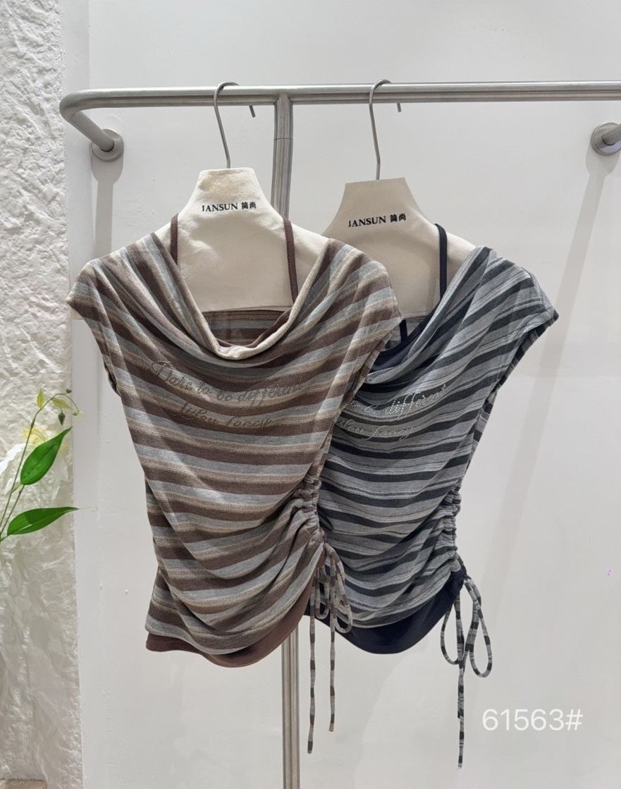 側抽繩掛脖一字條紋上衣