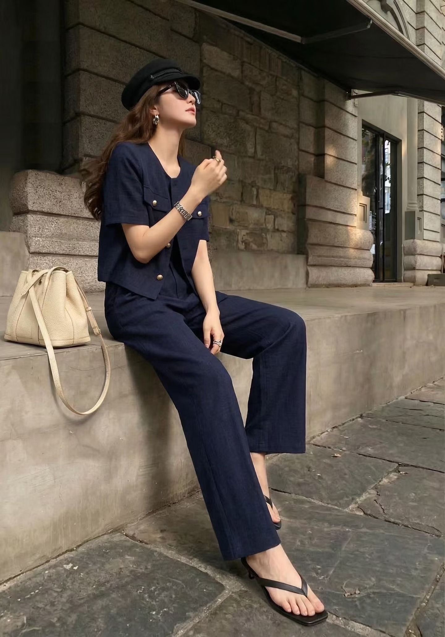 海軍藍排釦圓領上衣+直筒長褲SET-S-XXL (Elegant & Love)