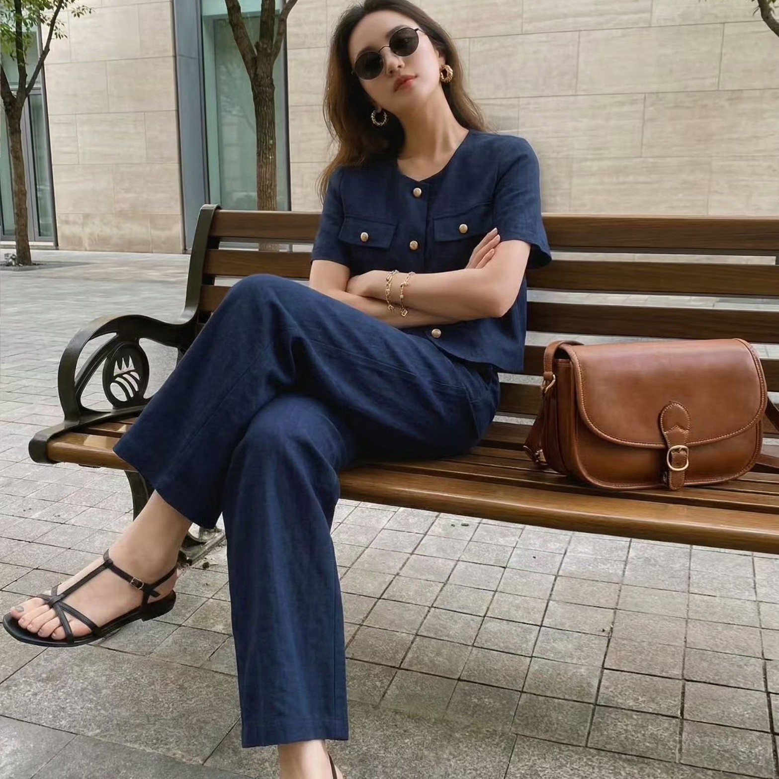 海軍藍排釦圓領上衣+直筒長褲SET-S-XXL (Elegant & Love)