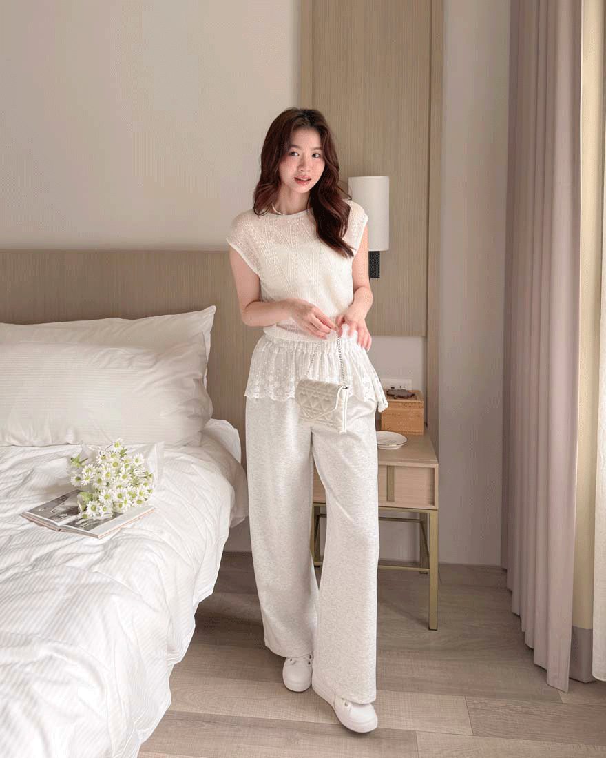 LINA LINA率性微甜刺繡緹花網紗裙襬造型長褲-淺花灰