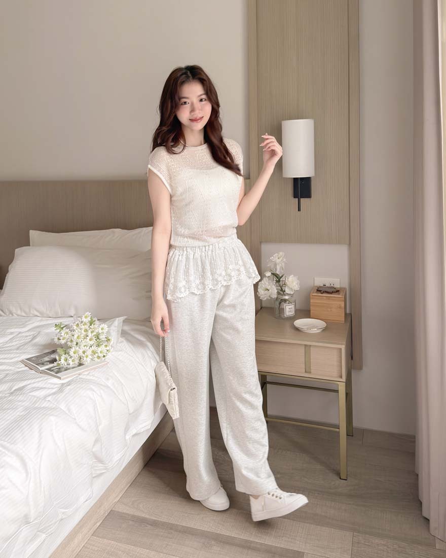 LINA LINA率性微甜刺繡緹花網紗裙襬造型長褲-淺花灰