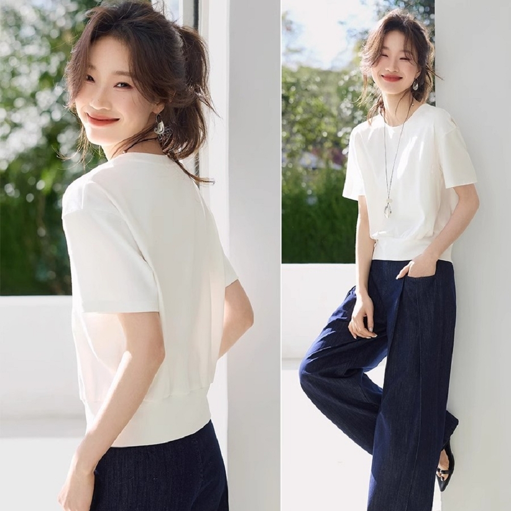 【ASister 小姊姊】AS2414#女裝｜上衣☆通勤優雅*側襬開叉設計*短袖T恤(白色 S-2XL)