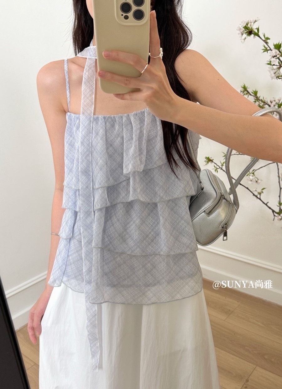 雪紡繞脖+菱格荷葉雪紡背心