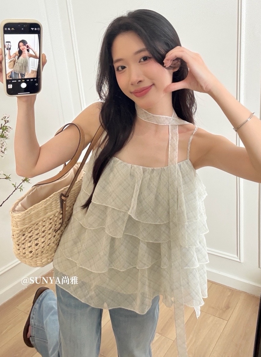 雪紡繞脖+菱格荷葉雪紡背心