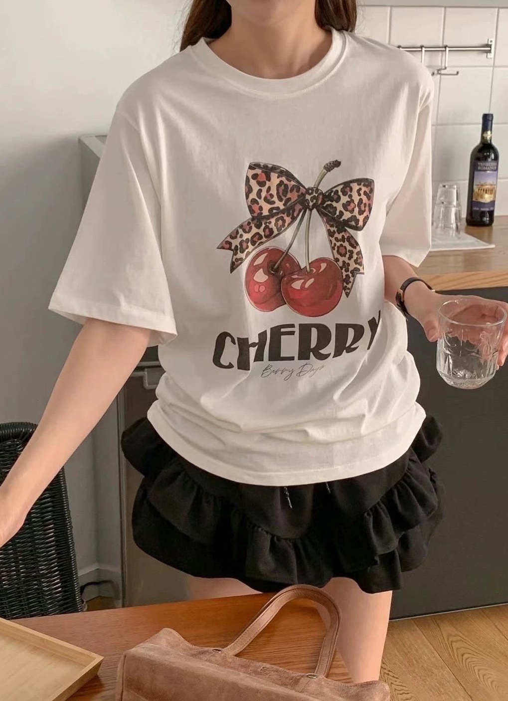 豹紋櫻桃圖案大版棉質衣