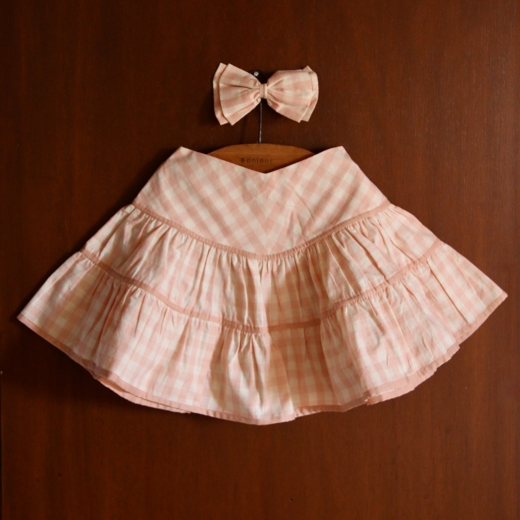 BONJOUR DIARY 後鬆緊蛋糕裙附髮夾(粉格紋) FLOUNCE SKIRT with Hair clip - Pink Vichy