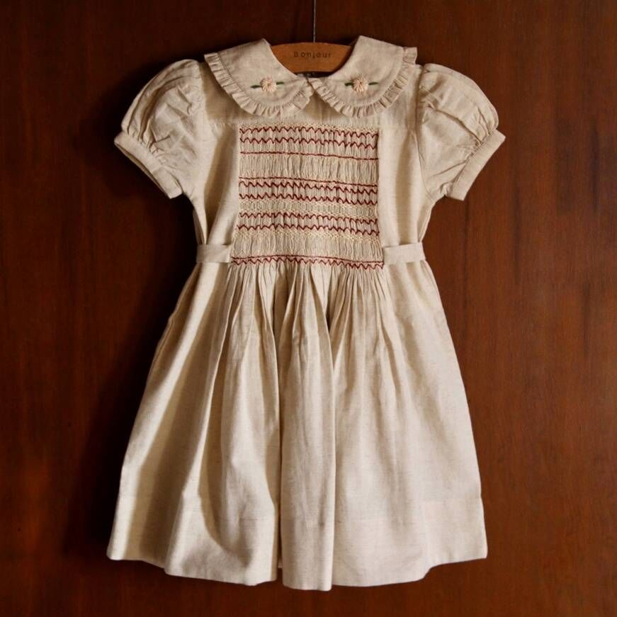 BONJOUR DIARY 綁帶抓褶波浪紋洋裝 HANDSMOCK DRESS - Natural cotton flex