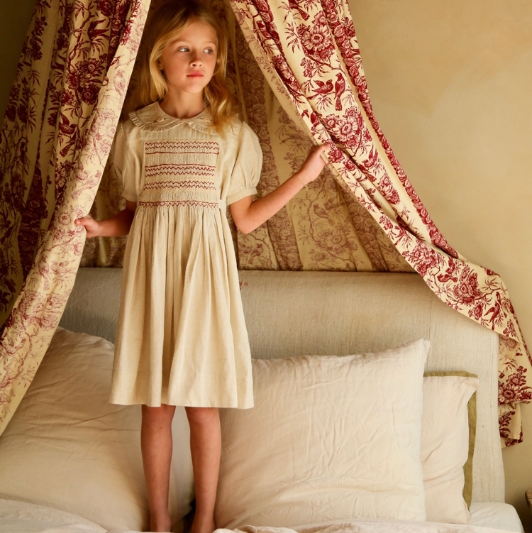 BONJOUR DIARY 綁帶抓褶波浪紋洋裝 HANDSMOCK DRESS - Natural cotton flex