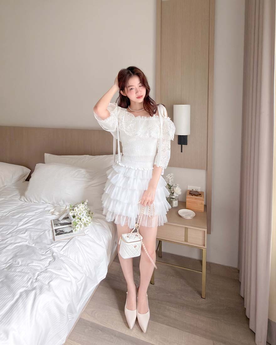 LINA LINA仙女氣息俏氣層次網紗鬆緊褲裙-甜美白