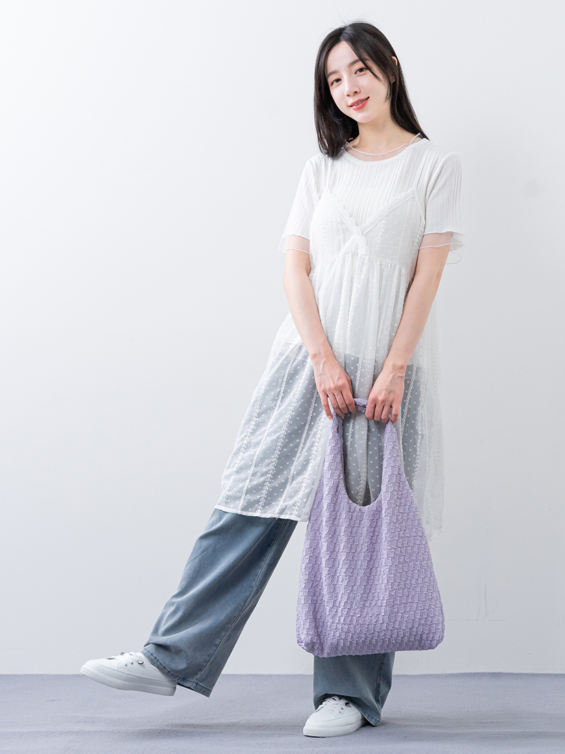 輕透層次網紗剪接羅紋涼感五分袖針織上衣