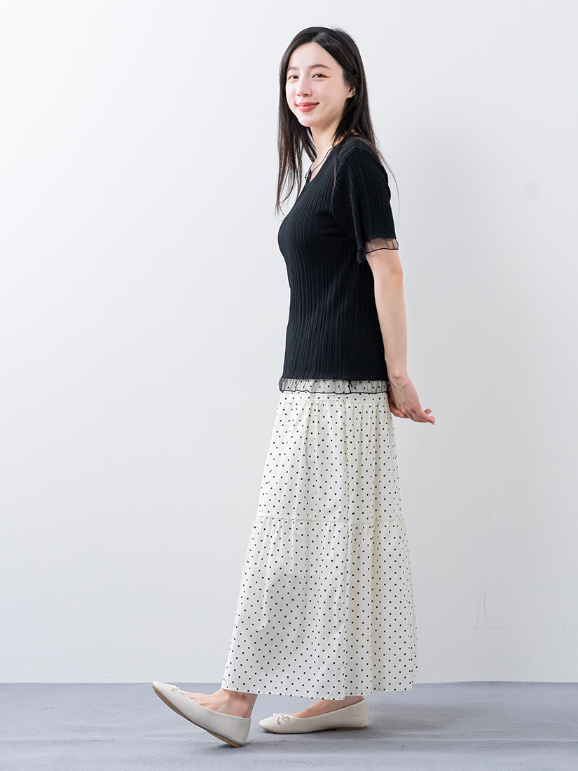 羅紋涼感五分袖針織上衣點點蛋糕棉裙組合