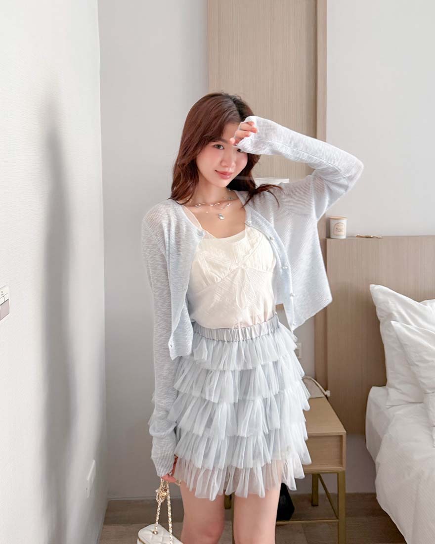 LINA LINA仙女氣息俏氣層次網紗鬆緊褲裙-柔灰藍