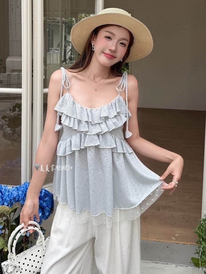 肩綁帶雙層拼接網紗背心