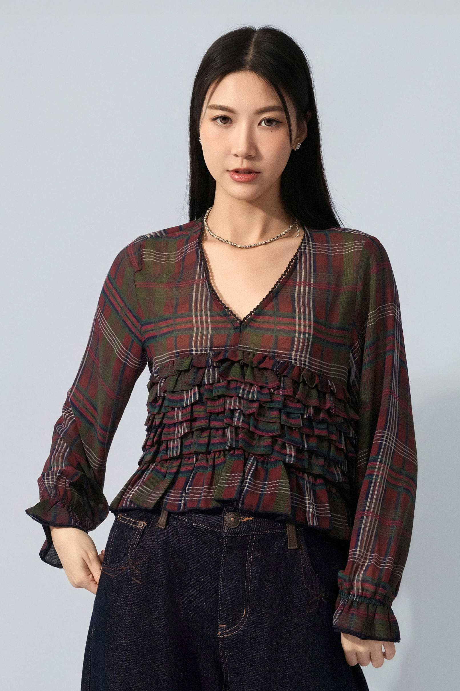 層層荷葉格紋雪紡上衣 (預購產品）