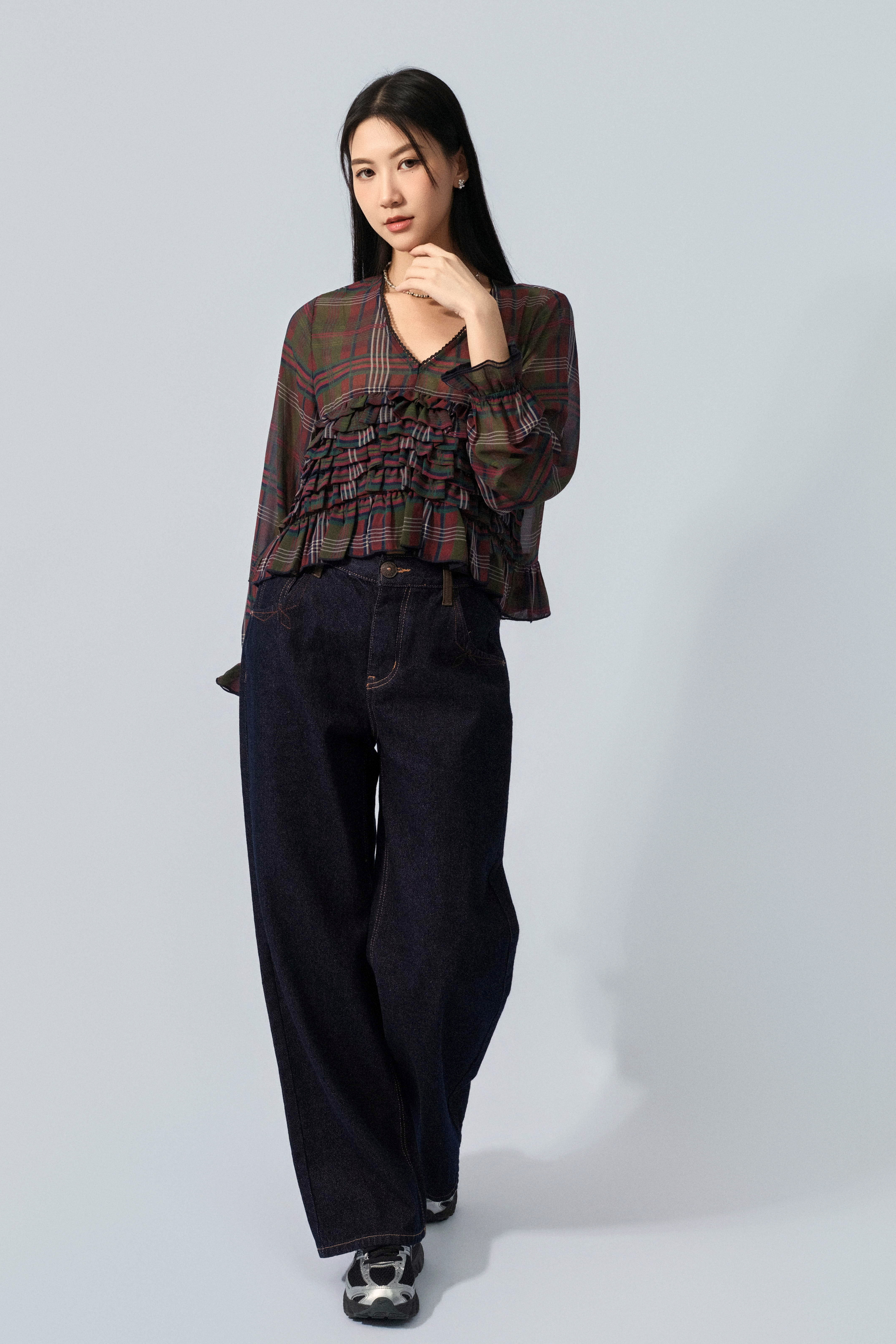 層層荷葉格紋雪紡上衣 (預購產品）