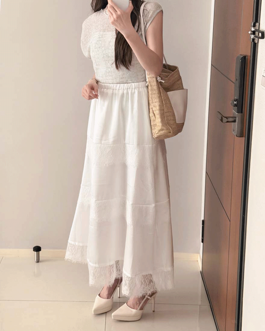 LINA LINA柔美漫步睫毛蕾絲滾邊光澤緞面長裙-仙氣白