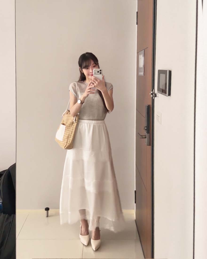 LINA LINA柔美漫步睫毛蕾絲滾邊光澤緞面長裙-仙氣白