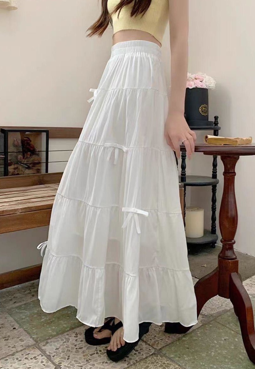 鬆緊腰蝴蝶結造型蛋糕長裙