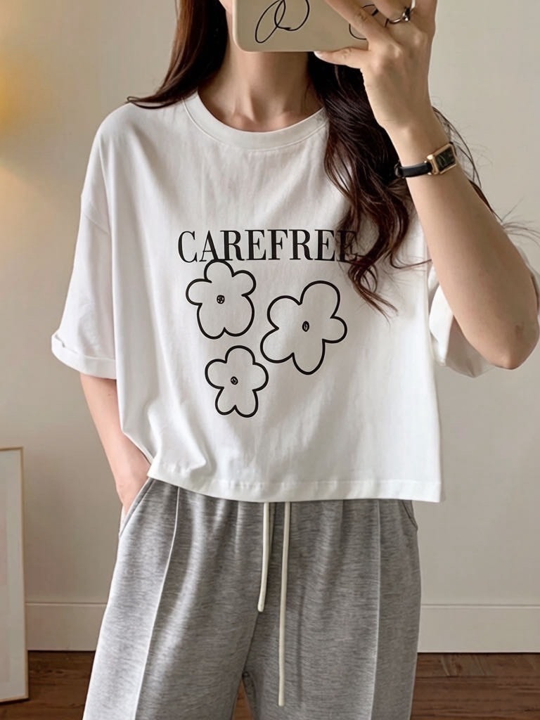 韓系三朵花字母短版上衣