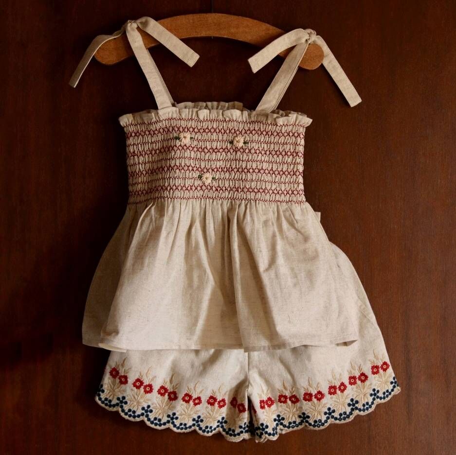 BONJOUR DIARY 無袖肩綁帶短褲套裝(花卉刺繡) SHORT & TOP SET - Natural cotton flex