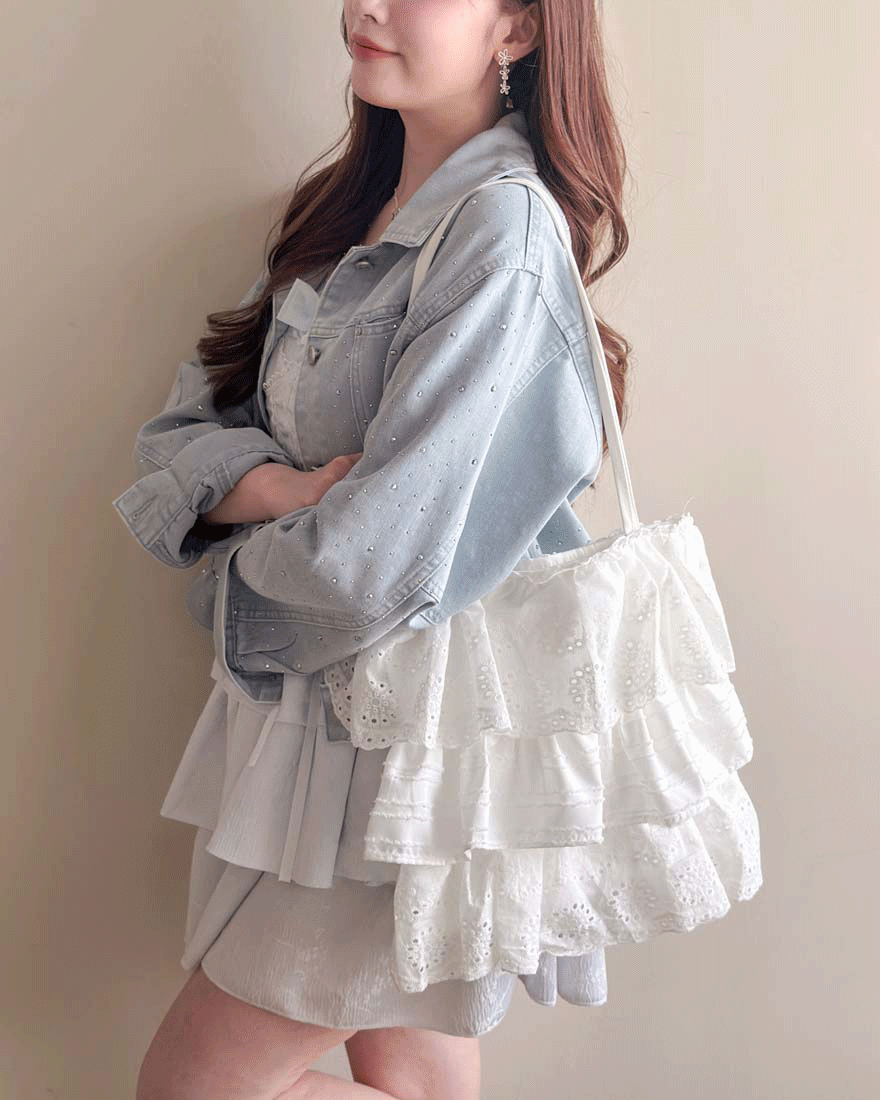 動人愛戀刺繡緹花抽鬚層次蛋糕肩揹包-雲朵白