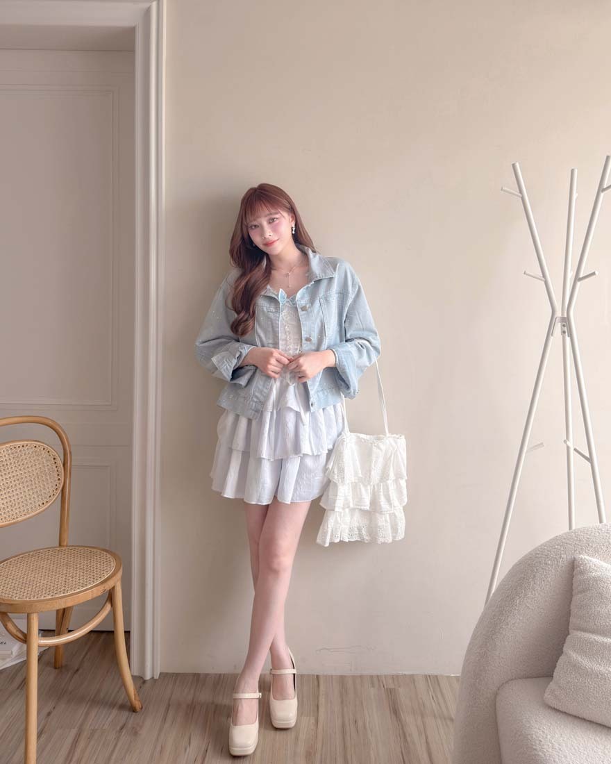 動人愛戀刺繡緹花抽鬚層次蛋糕肩揹包-雲朵白