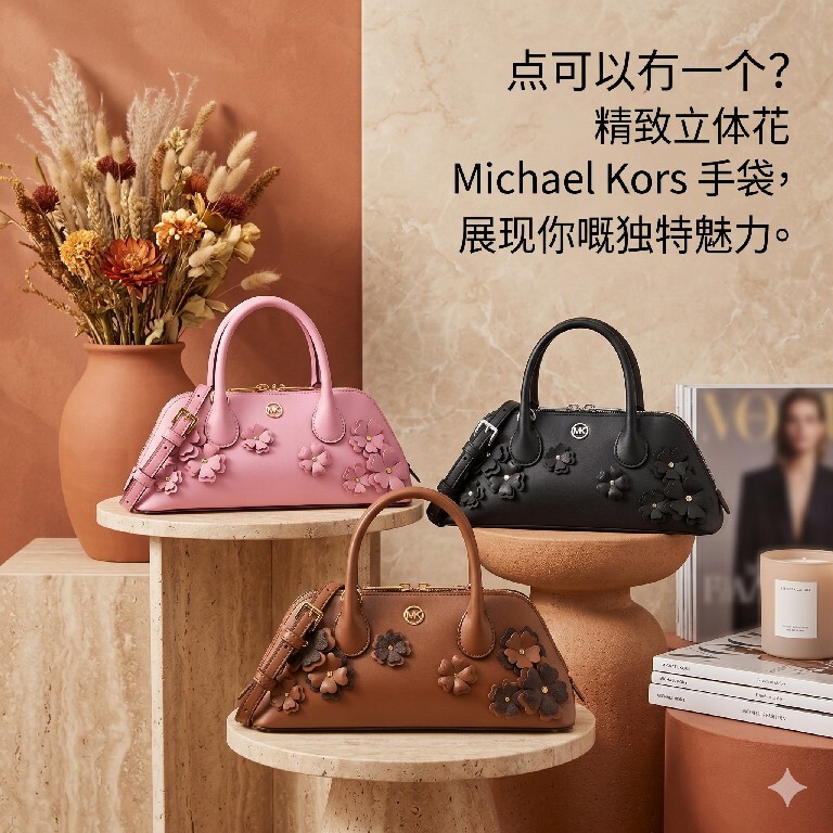 【預購】Michael Kors H042110 立體花卉裝飾保齡球手提包