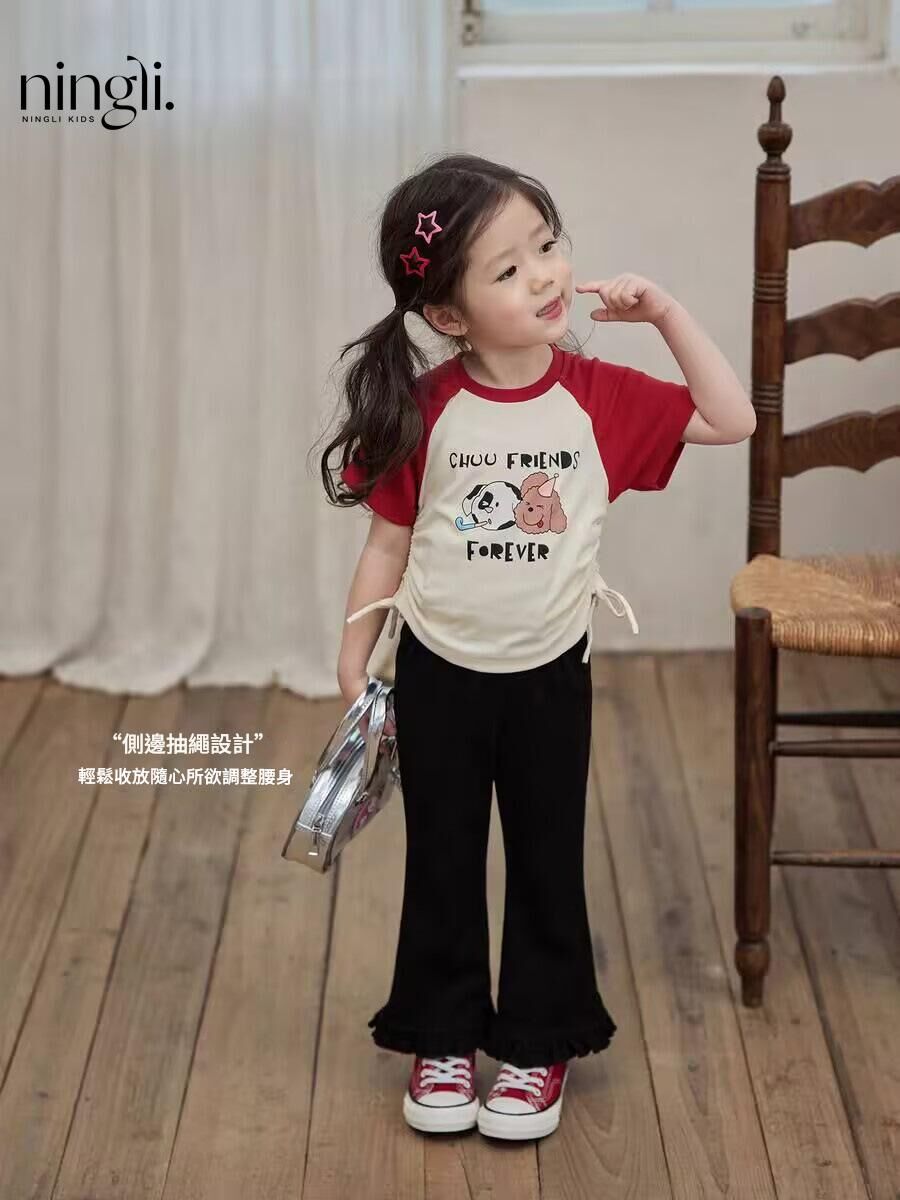 《3257》女童抽繩插畫棉質撞色短T(90-140)
