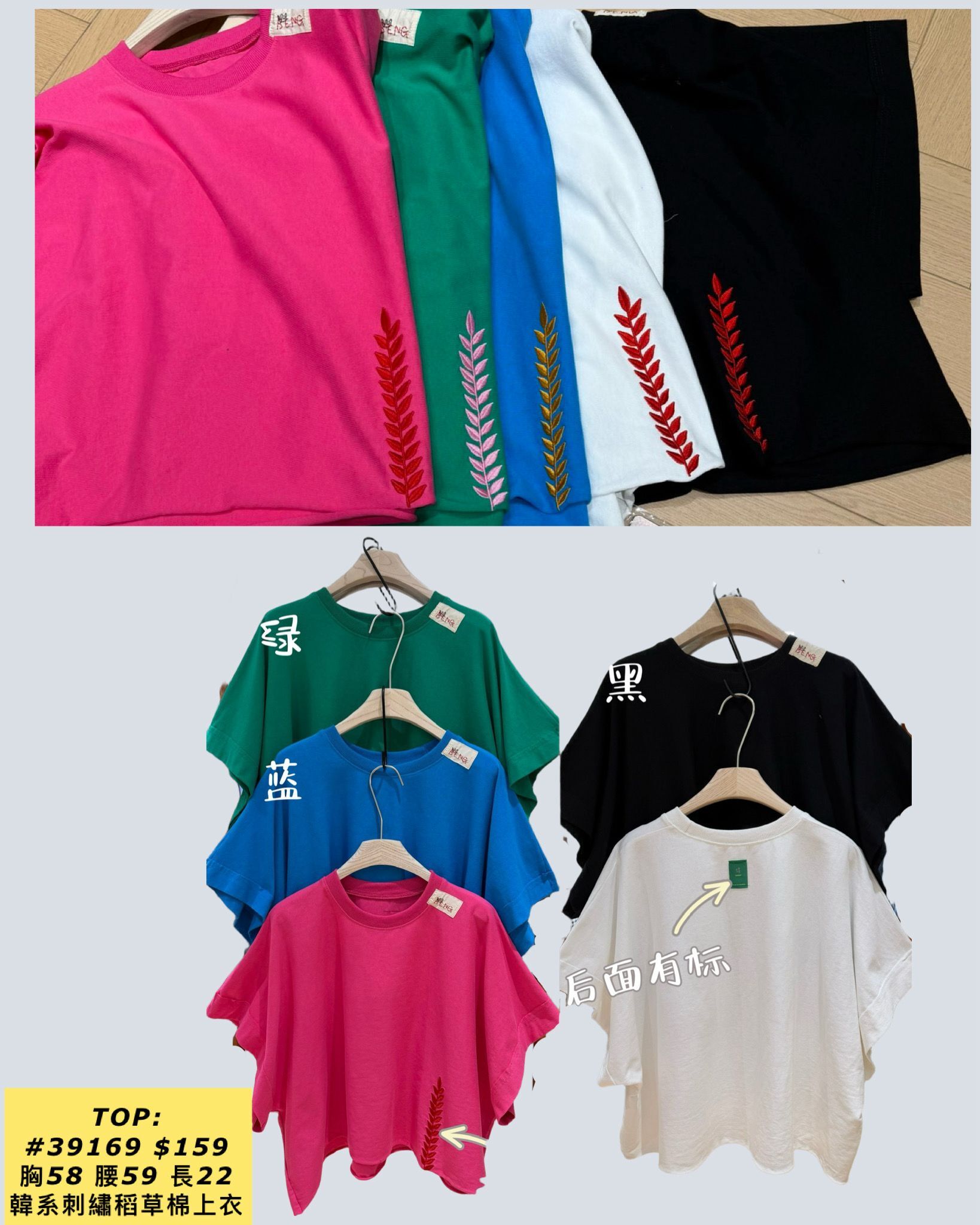 TOP:  39169 韓系刺繡稻草棉上衣 (胸58 腰59 長22)