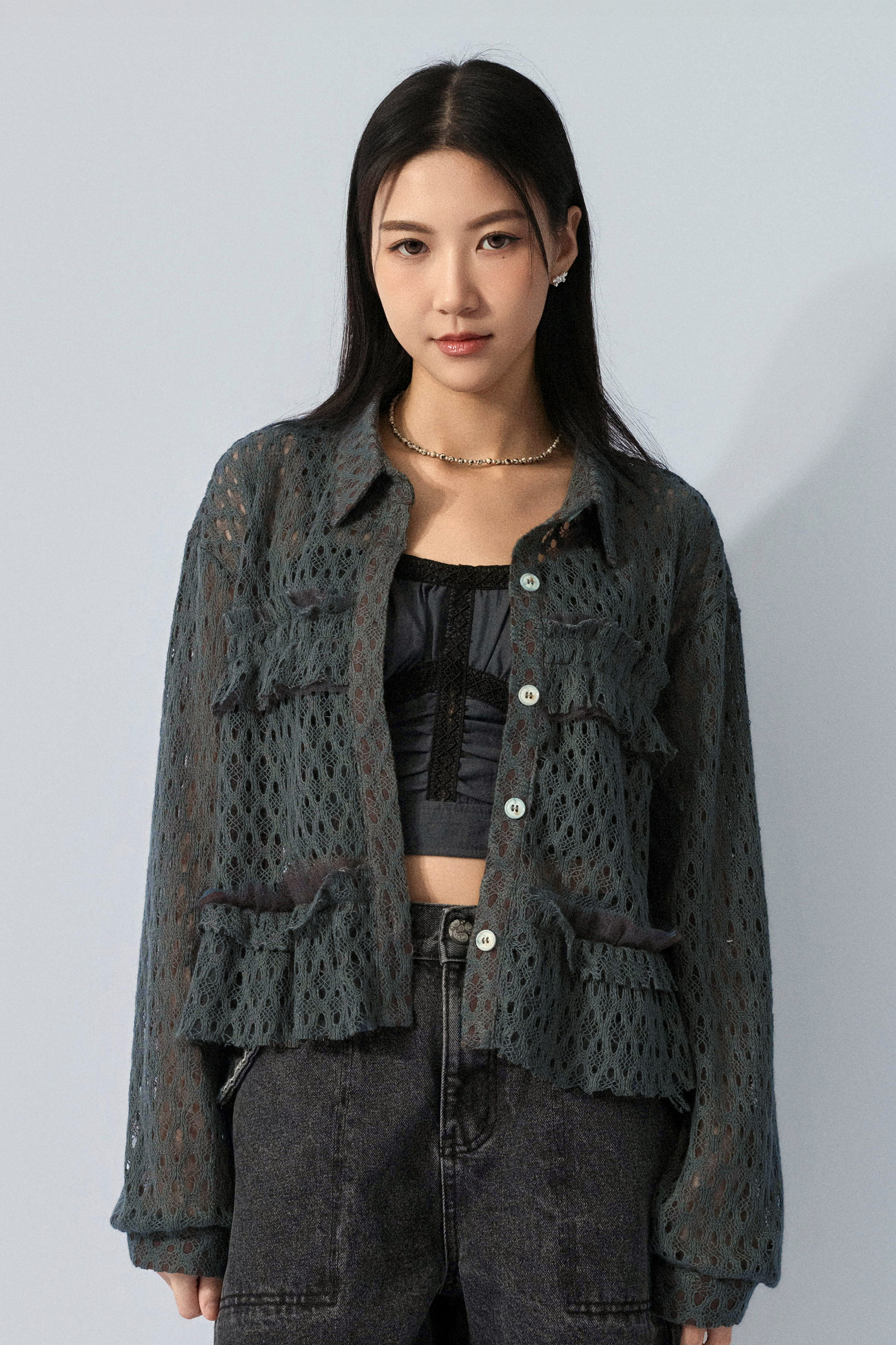 通花針織網紗雙層荷葉恤衫 (預購產品）