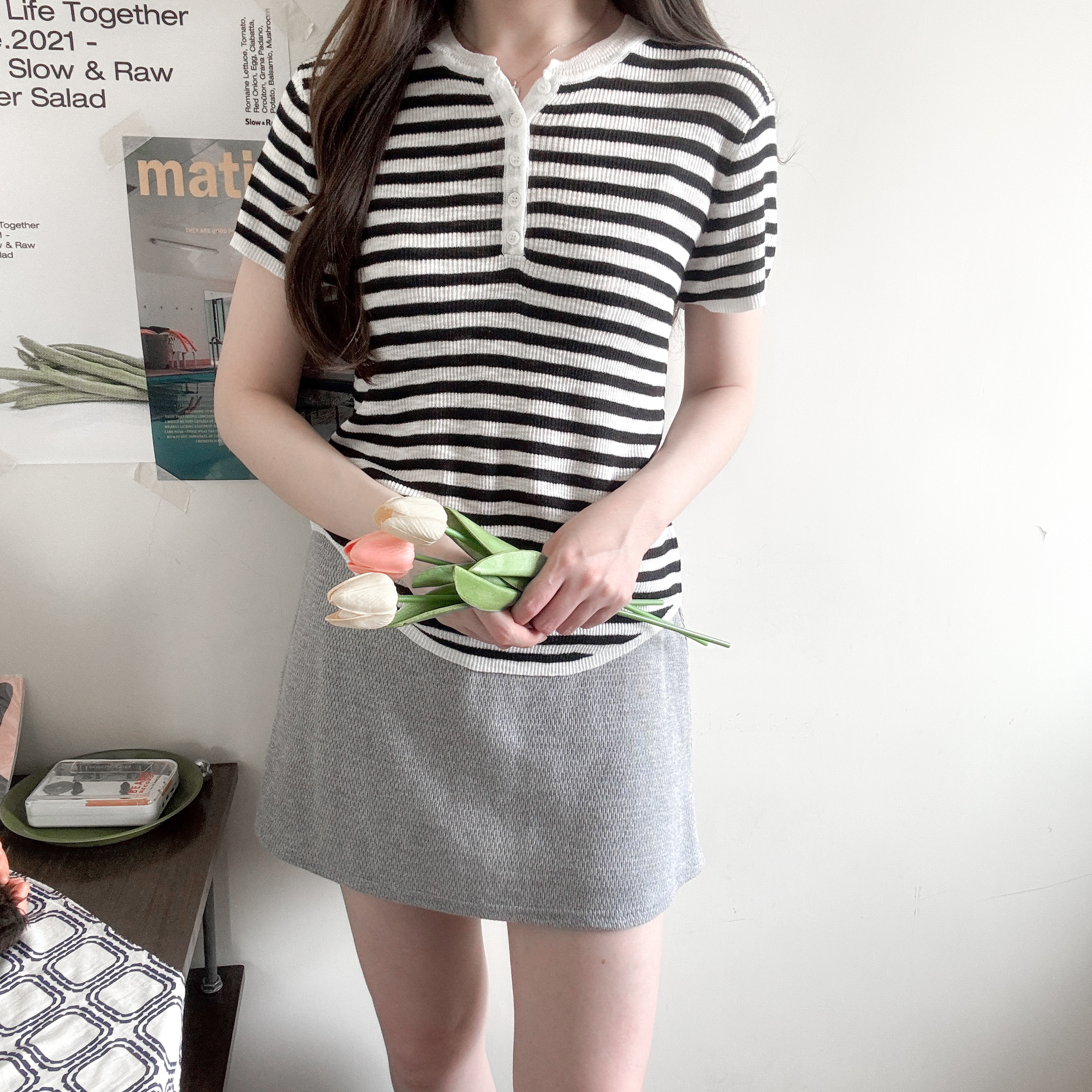 半開鈕線料短䄂上衣