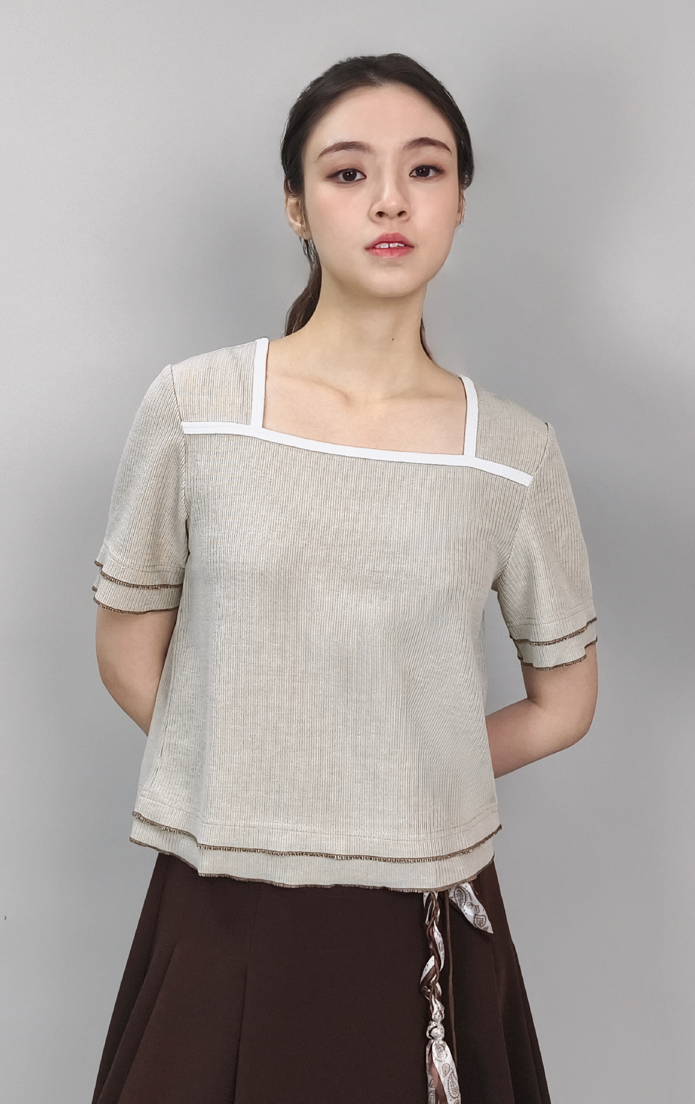 Square Neck Knit Top with Contrast Piping and Back Tie ST0410