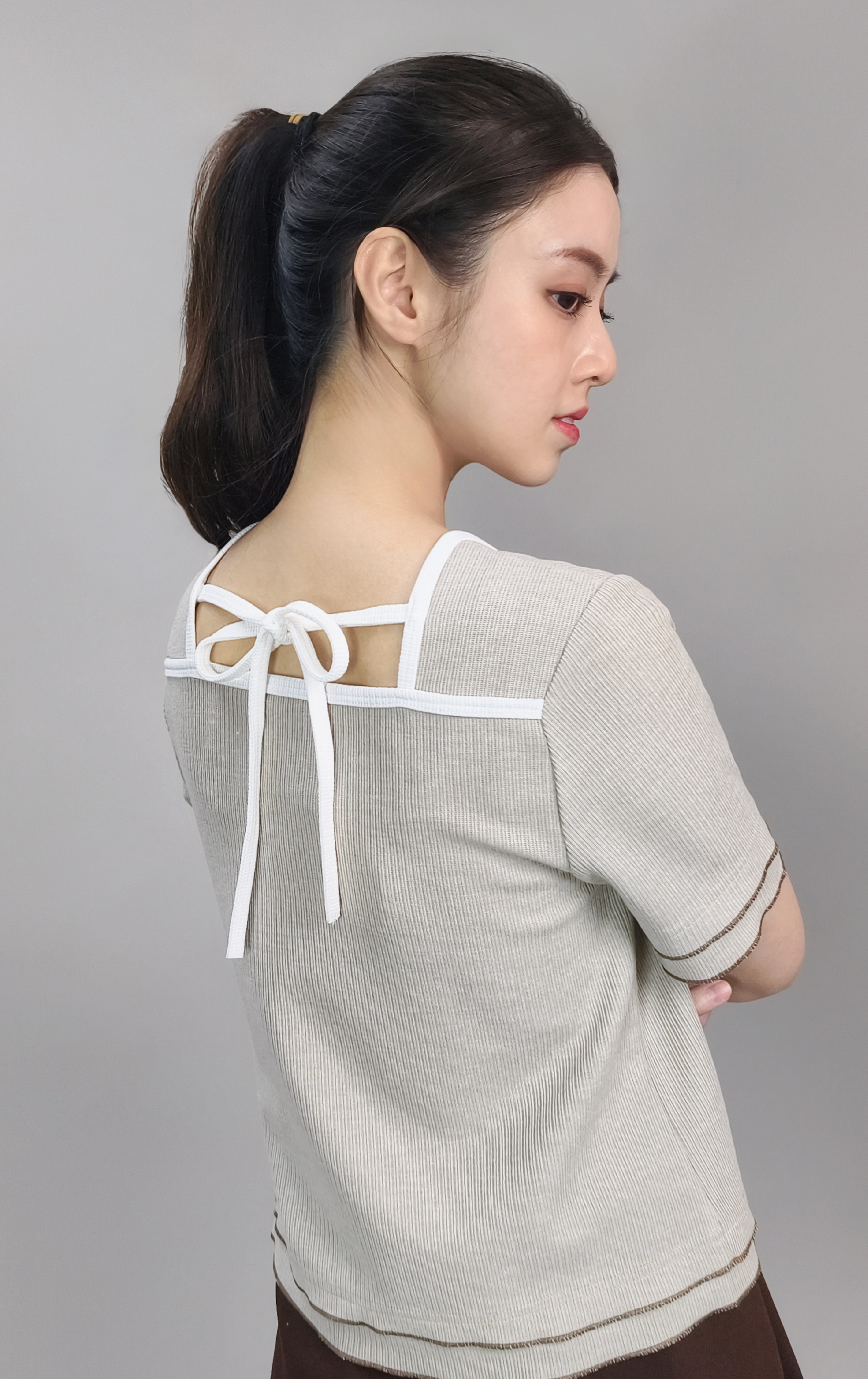 Square Neck Knit Top with Contrast Piping and Back Tie ST0410