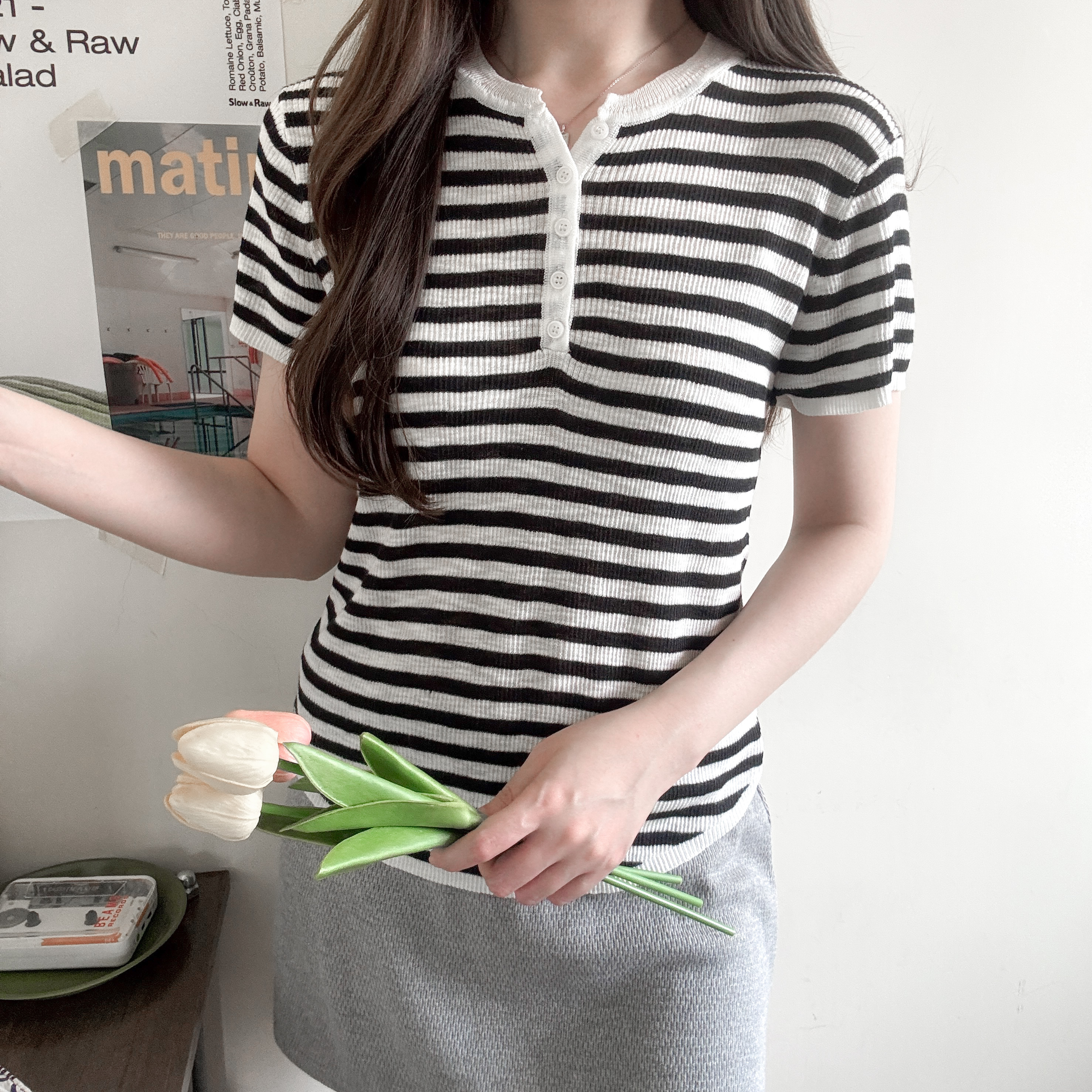 半開鈕線料短䄂上衣