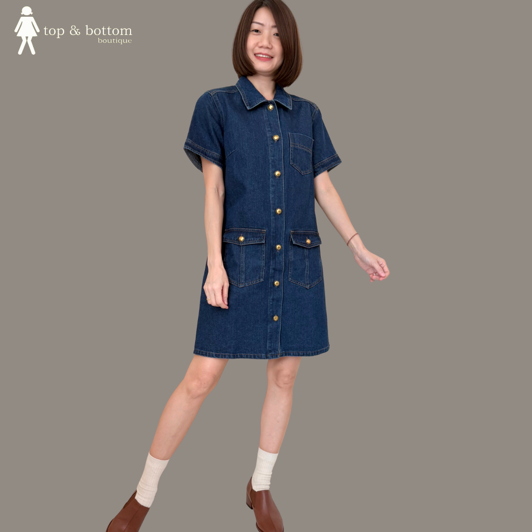 SHORT SLEEVE DENIM BUTTON SHIFT DRESS