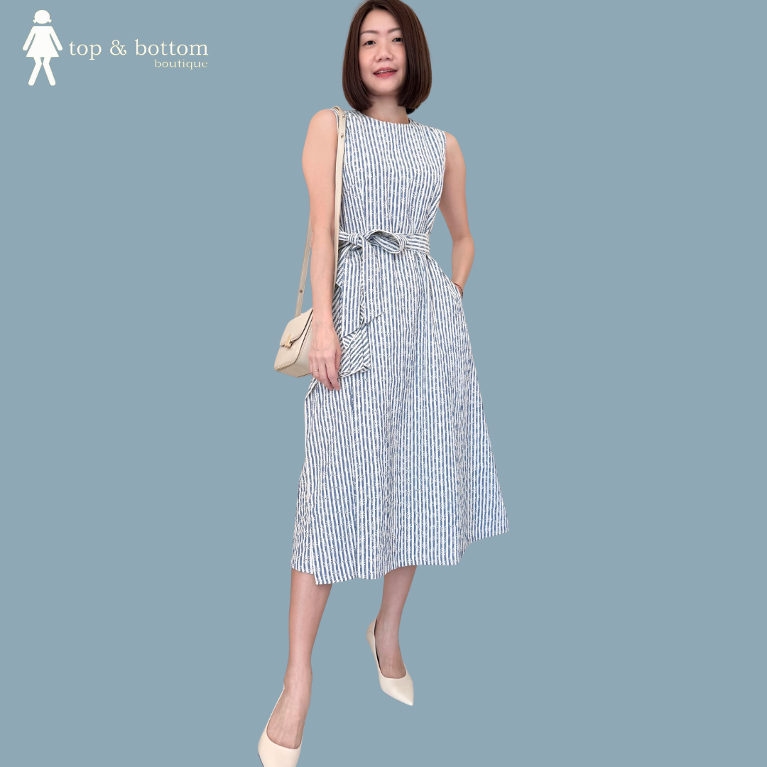 SLEEVELESS MBROIDERED & STRIPED MIDI DRESS